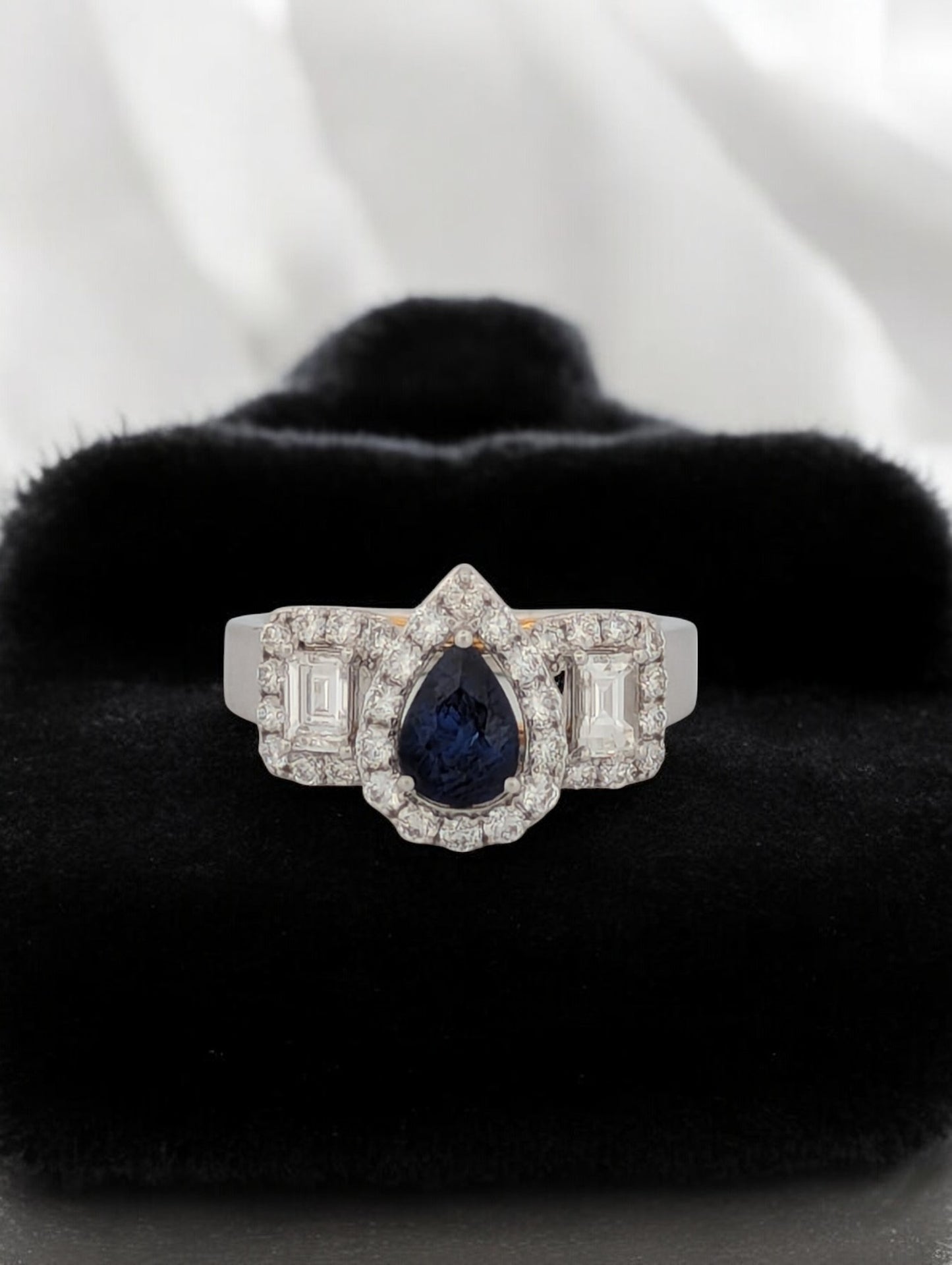 Vivian | Elegant 18k White Gold Ring with Sapphire Center Stone and Diamond Halo, Timeless Fine Jewelry, Perfect Gift, Size 7