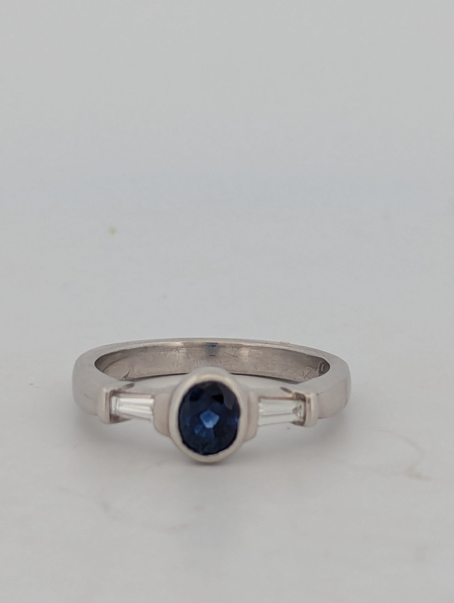 Whitney | Custom 14k White Gold Ring with Bezel-Set Sapphire and Natural Diamond Baguettes, Unique Fine Jewelry Gift, Elegant Design