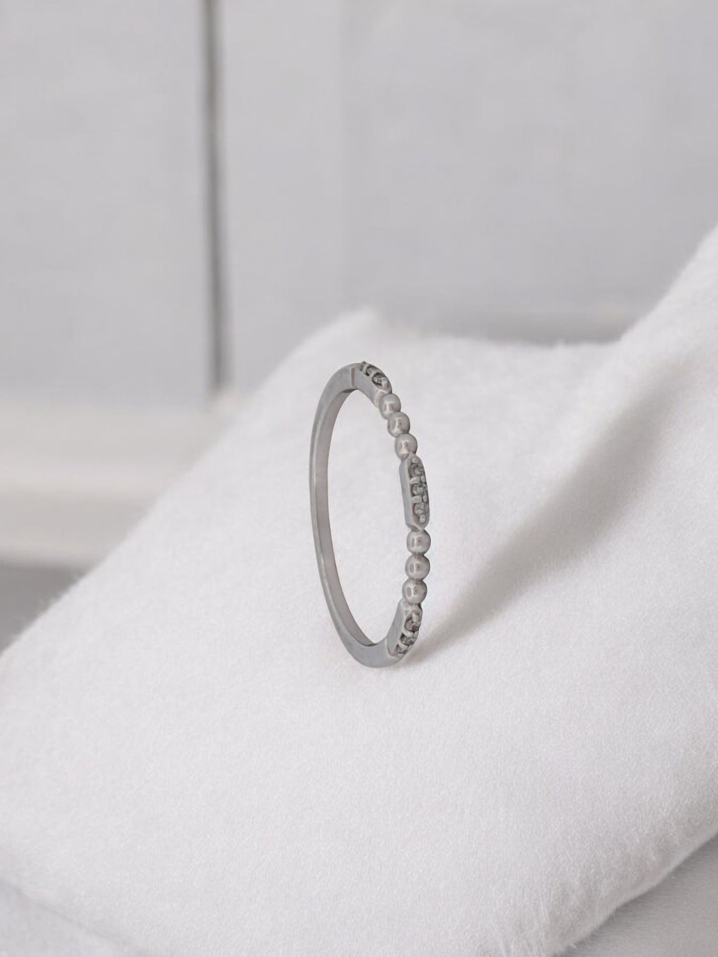 Vanessa | Minimalist 10k White Gold Beaded Band with Diamond Accents, Perfect Stacking or Solo Ring, Elegant Everyday Jewelry, Size 7