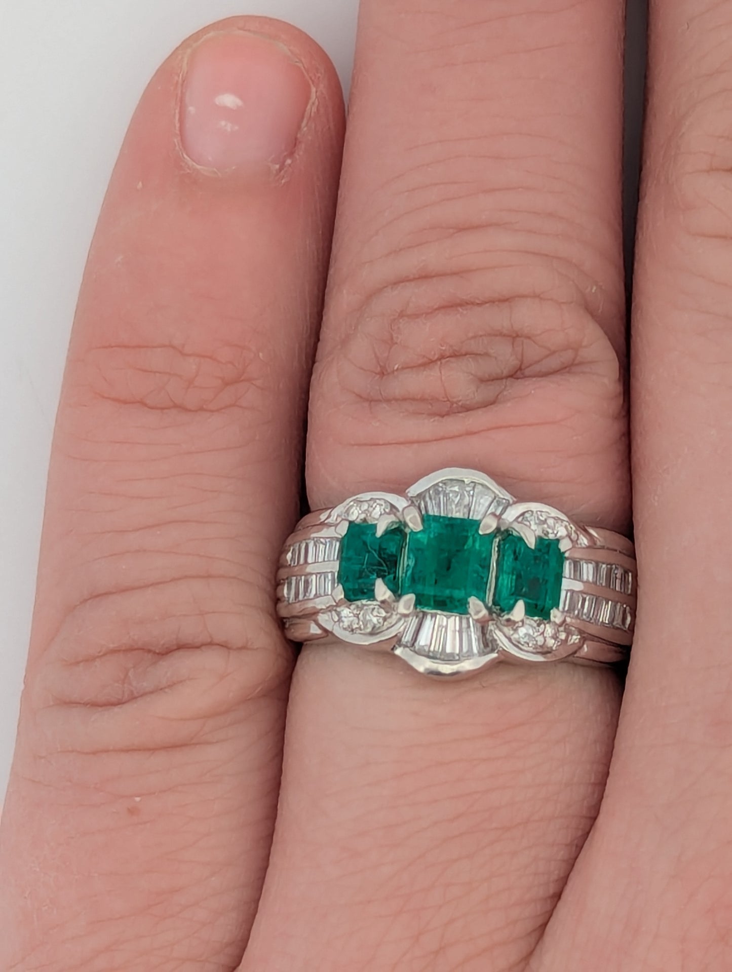 Ellis | Platinum Ring with 1.12ct Emerald and 0.50ct Diamond, Elegant Emerald Engagement Ring, Luxury Green Gemstone Ring, Size 6 Gift