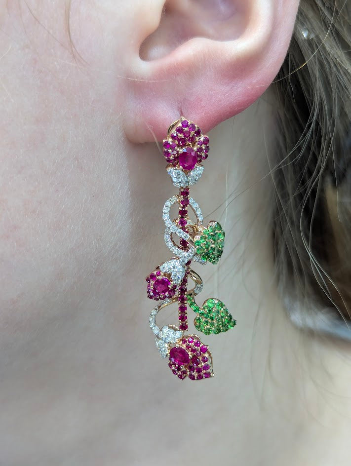 Chelsea | 14k Yellow Gold | Ruby | Green Garnet | Diamonds | Earrings