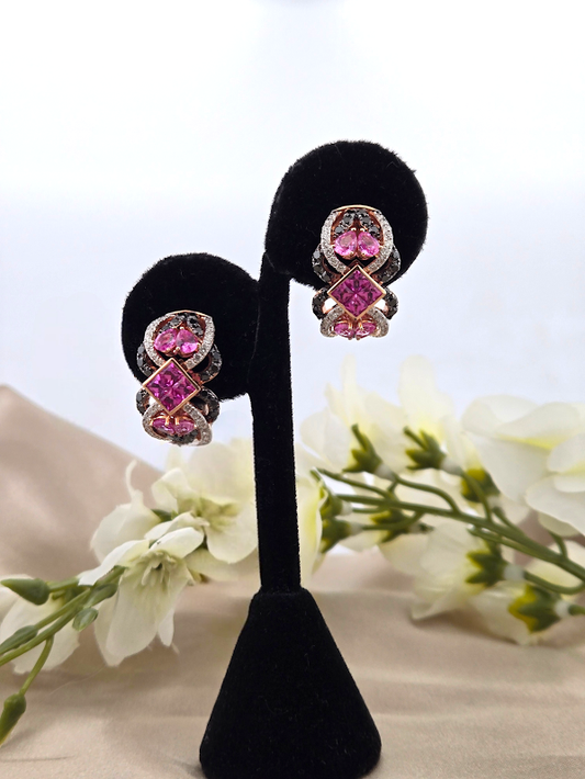 Jania | 14k Rose Gold | Pink Sapphire & Natural White & Black Diamonds | Earrings