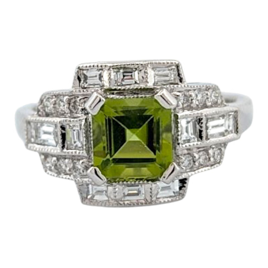 Mercy | Estate | 18K White Gold | Peridot and Natural Diamond | Ring