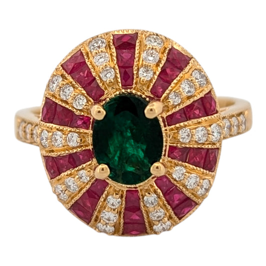 Clarimond | Estate | 18K Yellow Gold | Emerald, Ruby and Natural Diamond | Ring