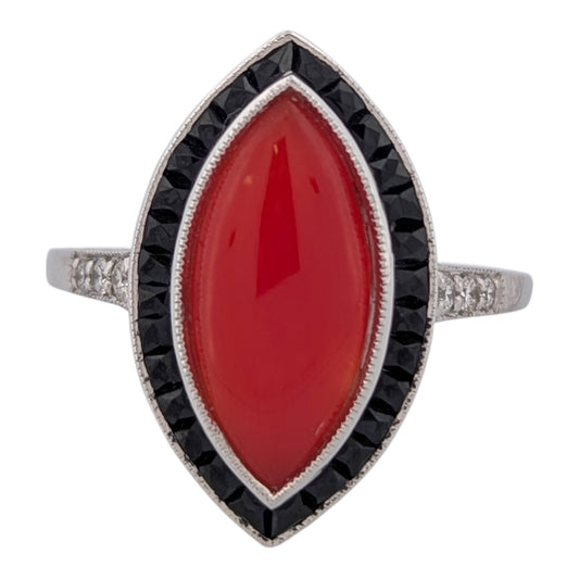 Constance | Estate | 14K White Gold | Coral and Onyx | Ring