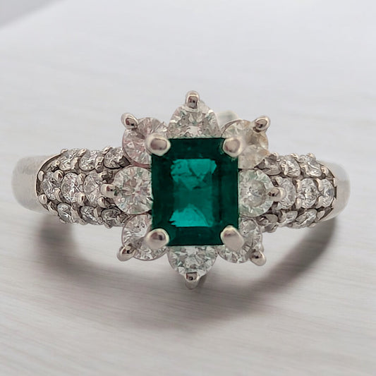 Tallulah | Platinum Ring With .72 CT Natural Emerald & .83 CTW Natural Diamonds | Elegant Vintage-Inspired Design | Size 5.5
