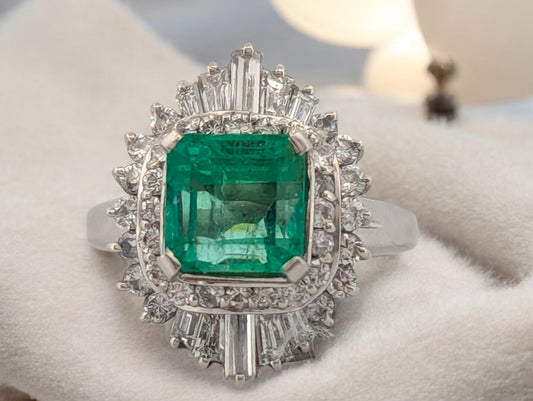 Thekla | Platinum Ring With 2.52 CT GIA Certified Natural Colombian Emerald (F2) & 1.11 CTW Natural Diamonds | Octagonal Step Cut | Size 6