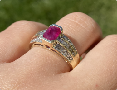 The Red Bay: Yellow Gold Ring set with Emerald Cut Lab Grown Ruby and Diamonds