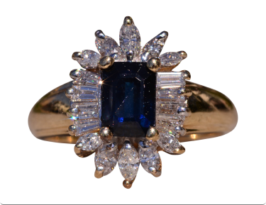 The Blountsville: Yellow Gold Emerald Cut Sapphire Ring with Shaped Diamond Halo