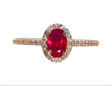 The Fairblue: Ladies Contemporary Yellow Gold Ruby Engagement Ring with Diamond Halo