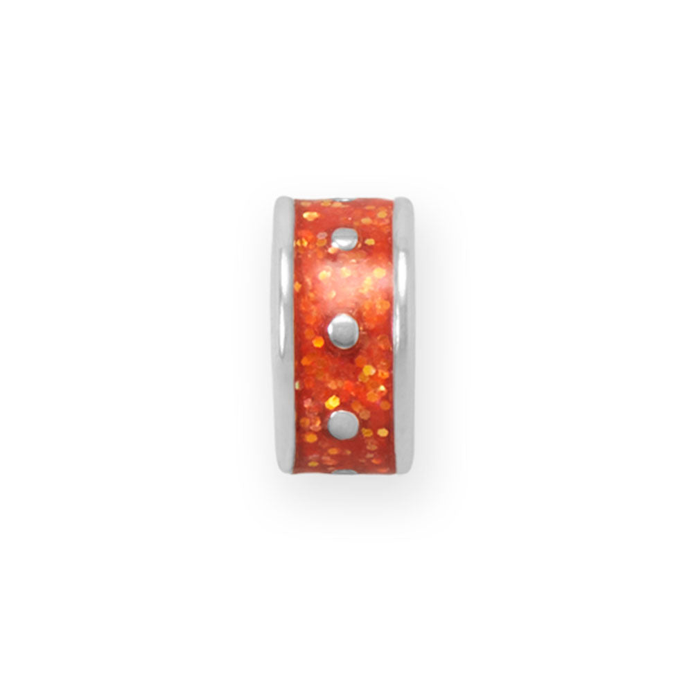 Rhodium Plated Orange Glitter Enamel Inlay Dotted Wheel Bead Charm