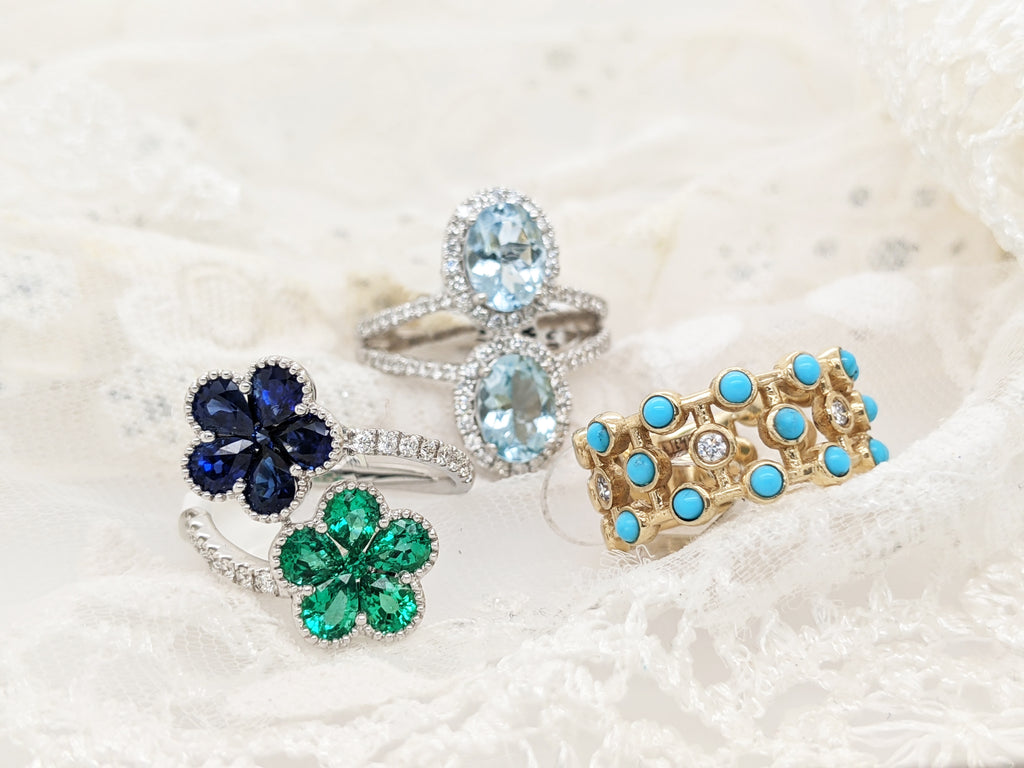 Rings with Emeralds, Sapphires, Turquoise, Aquamarines, and Diamonds