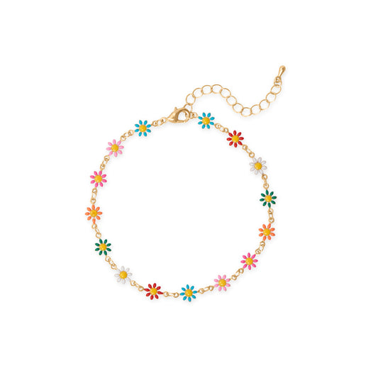 9" + 2" Gold Tone Multi Color Enamel Flower Fashion Anklet