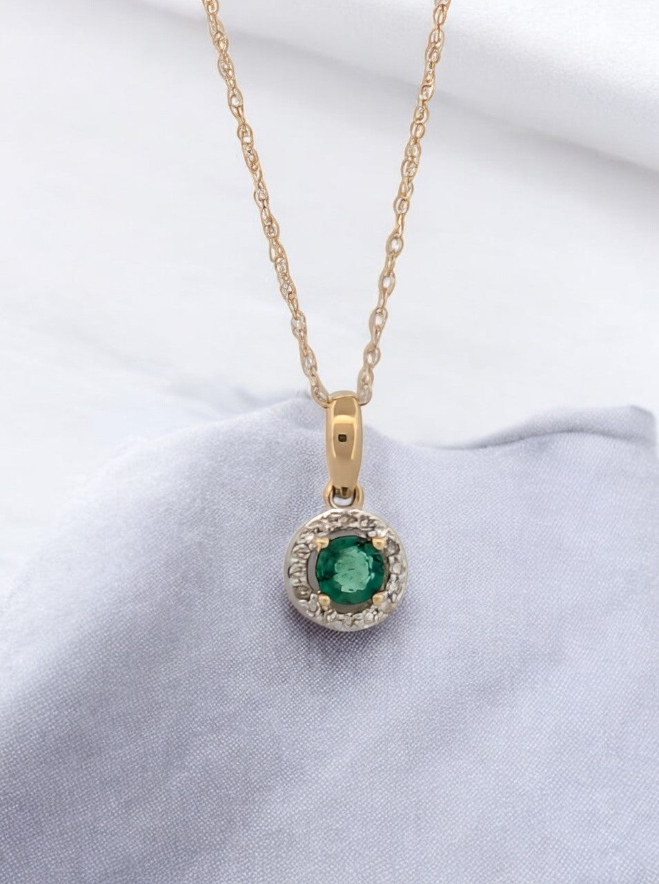 Delilah | 10k Yellow Gold Halo Pendant with Natural Emerald and Diamonds on an 18" Chain