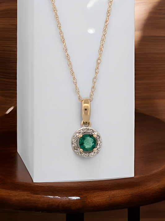 Delilah | 10k Yellow Gold Halo Pendant with Natural Emerald and Diamonds on an 18" Chain