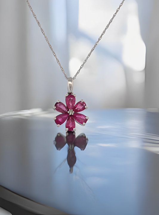 Dorothy | 10K White Gold Necklace with Natural Rubies and Diamond Centerpiece – Elegance Redefined