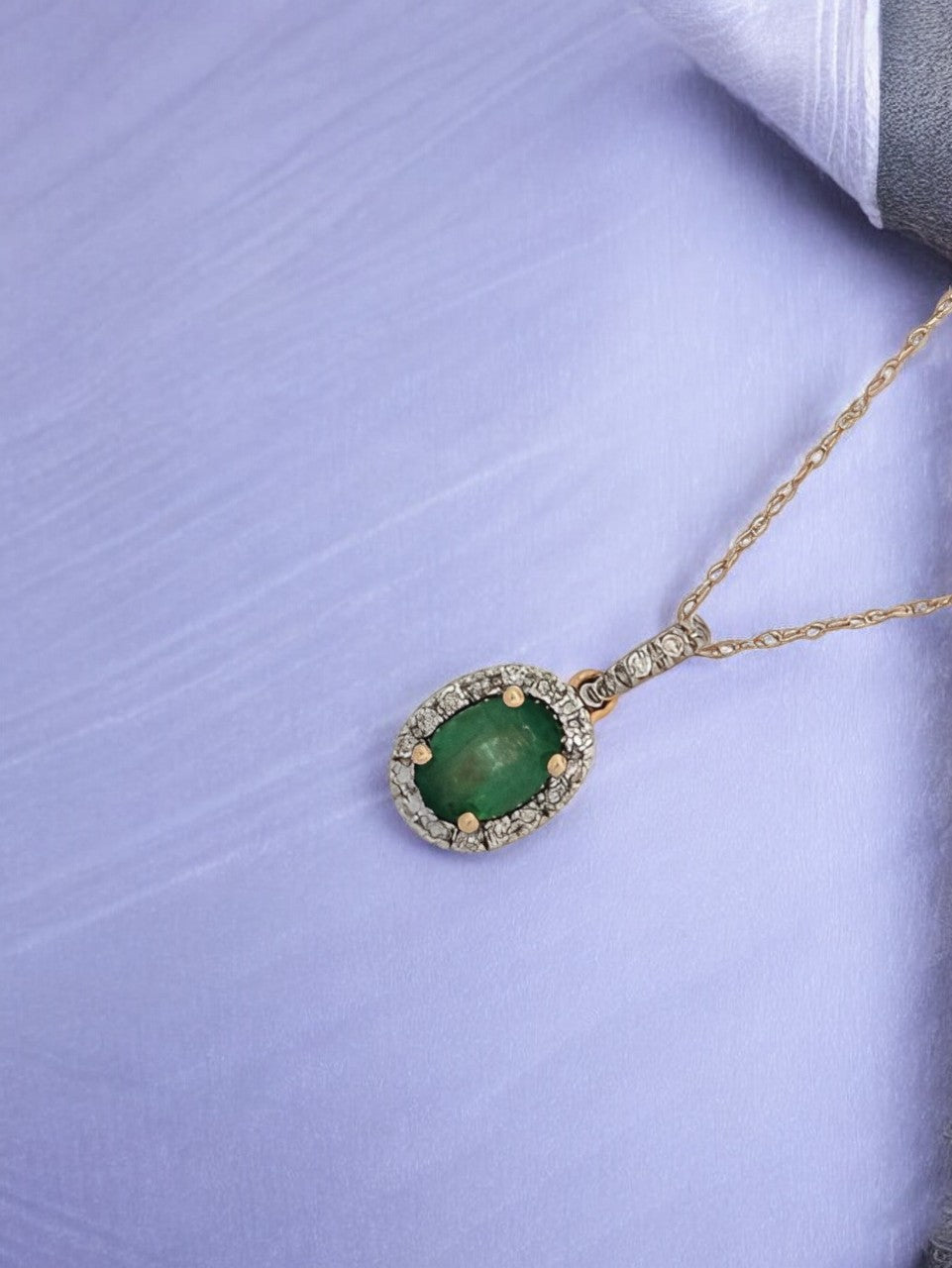 Eleanor 14k Yellow Gold Emerald Necklace| Diamond Necklace in Halo Setting|1 Carat Emerald and 1/4 ctw of Natural Diamonds