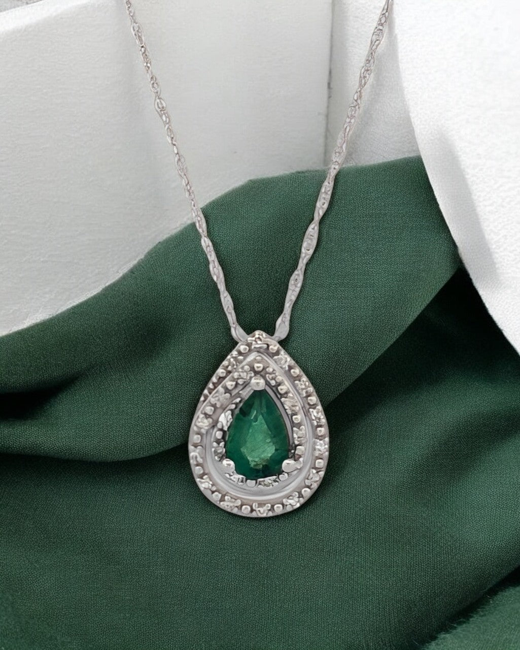 Eliza 10K White Gold Emerald Necklace | .57 CTW Emerald with .005 CTW Diamonds Surrounding | Perfect Gift for Mother's Day - G-F- Wife