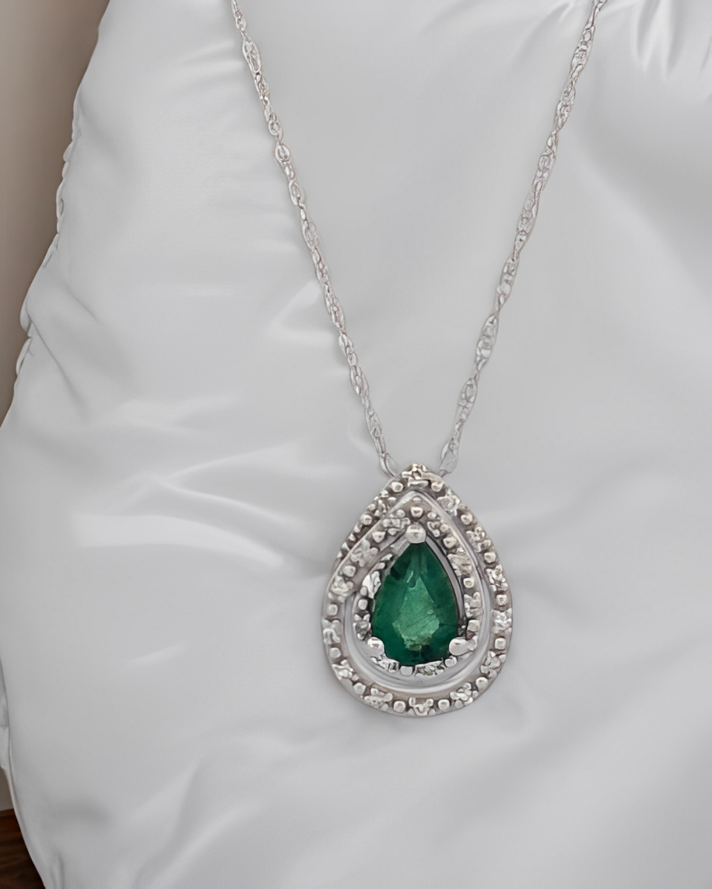 Eliza 10K White Gold Emerald Necklace | .57 CTW Emerald with .005 CTW Diamonds Surrounding | Perfect Gift for Mother's Day - G-F- Wife