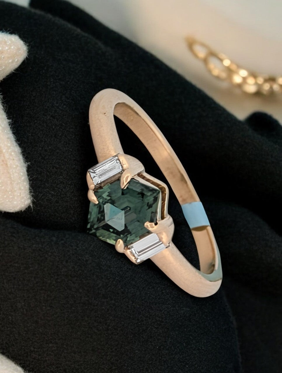 Lillian | 14K Gold Green Sapphire Ring, Diamond Accent Band, Unique Engagement Ring, Vintage-Inspired Fine Jewelry, Gift for Her