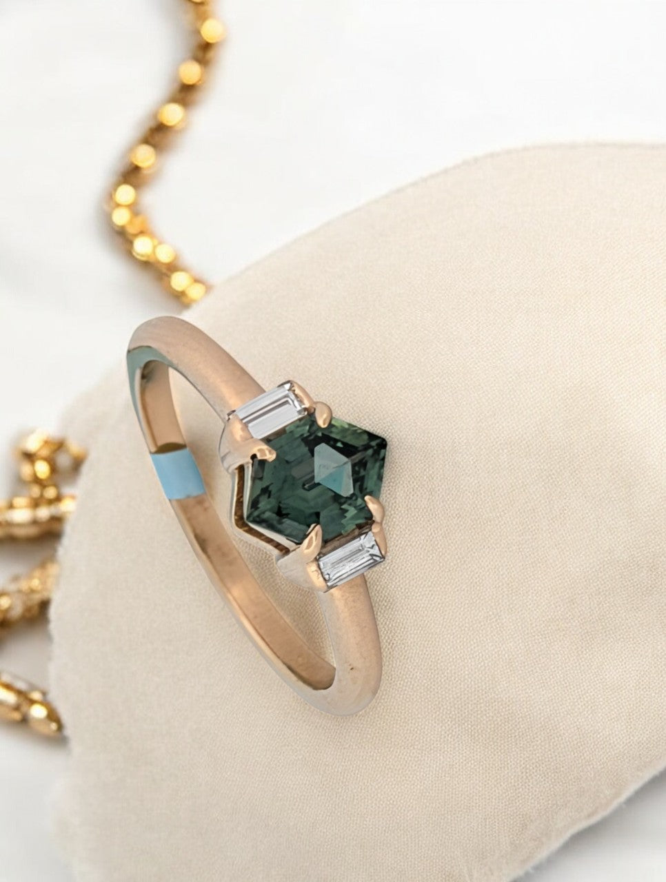 Lillian | 14K Gold Green Sapphire Ring, Diamond Accent Band, Unique Engagement Ring, Vintage-Inspired Fine Jewelry, Gift for Her