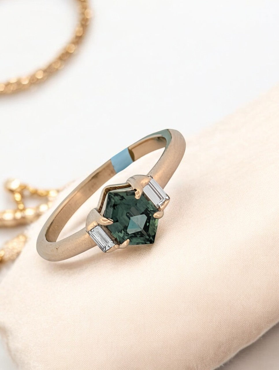 Lillian | 14K Gold Green Sapphire Ring, Diamond Accent Band, Unique Engagement Ring, Vintage-Inspired Fine Jewelry, Gift for Her