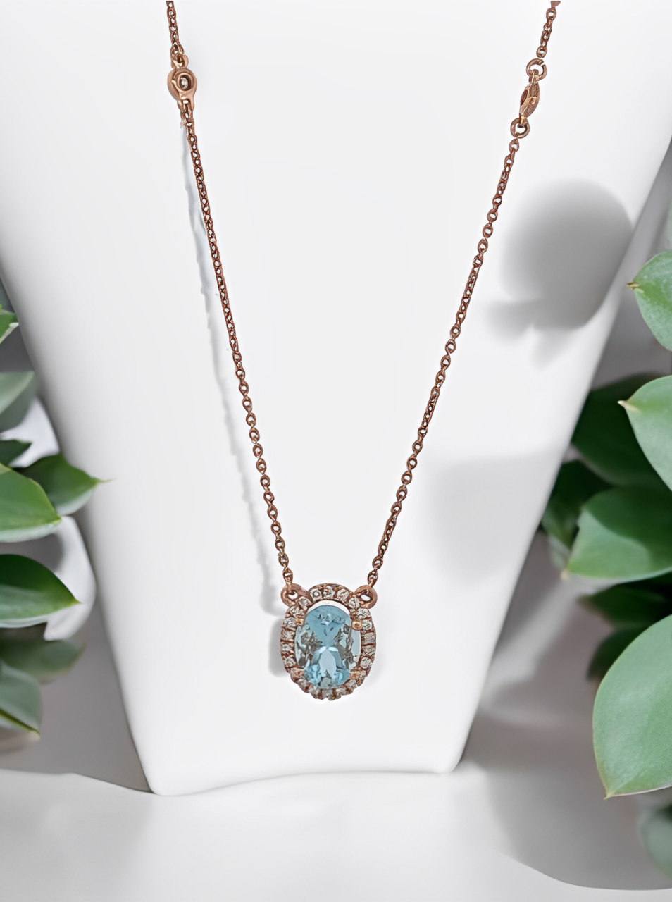 Catherine | 14K Rose Gold Necklace with 1.10 Carat Aquamarine & .20 Carats Diamonds - 18" New Necklace