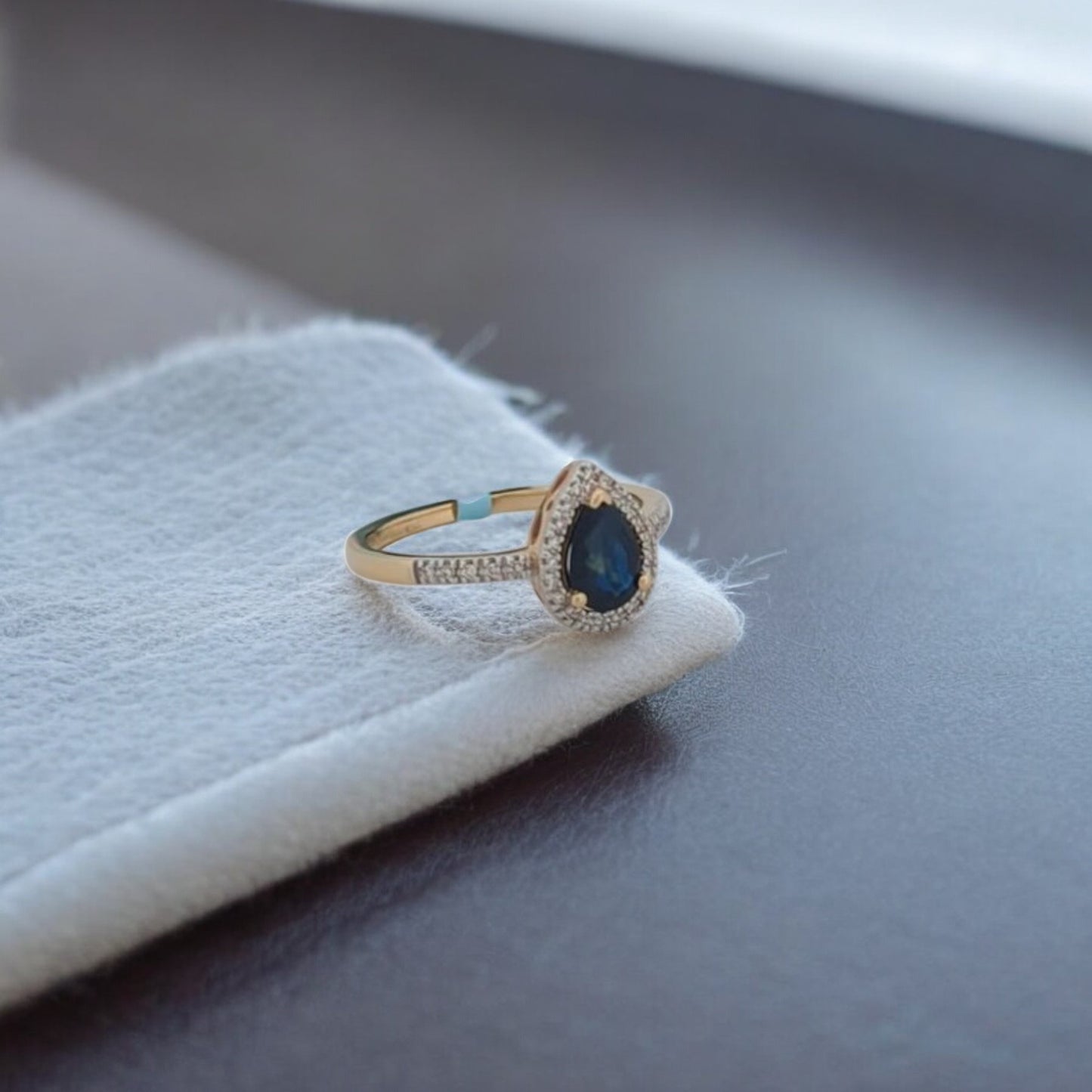 Jessica | 14K Yellow Gold Ring with Sapphire and Diamond Halo (Size 7)