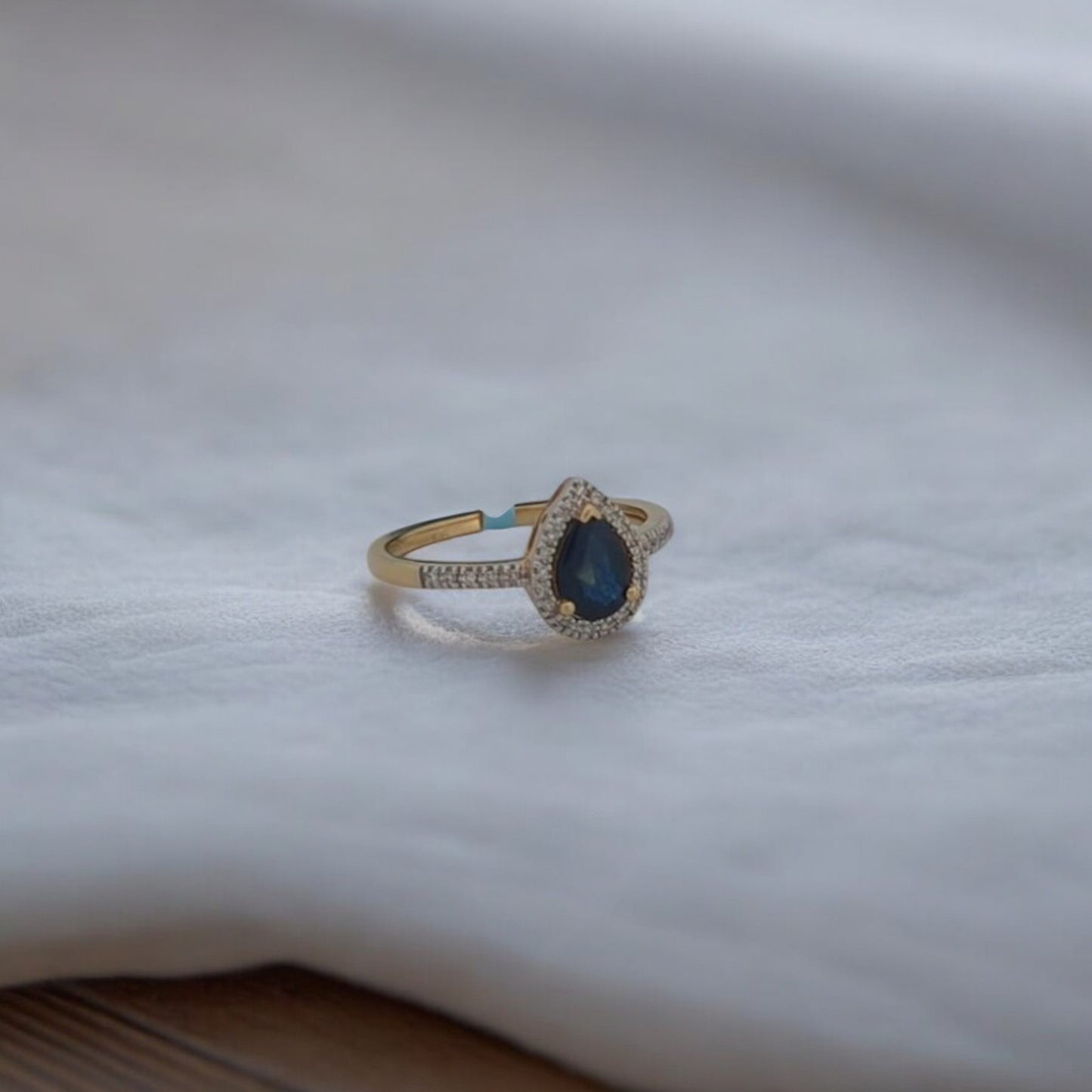 Jessica | 14K Yellow Gold Ring with Sapphire and Diamond Halo (Size 7)