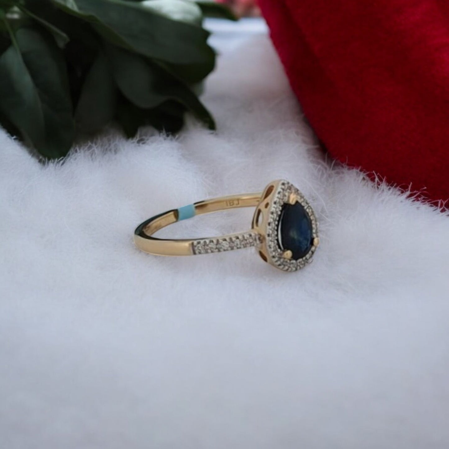 Jessica | 14K Yellow Gold Ring with Sapphire and Diamond Halo (Size 7)