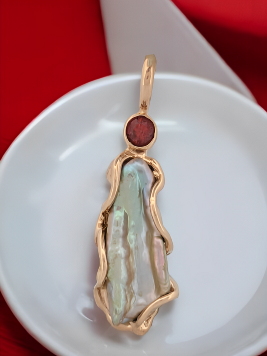 Monica | Handmade 14k Yellow Gold Pendant with Tennessee Pearl & Orange Sapphire by Barb Evans