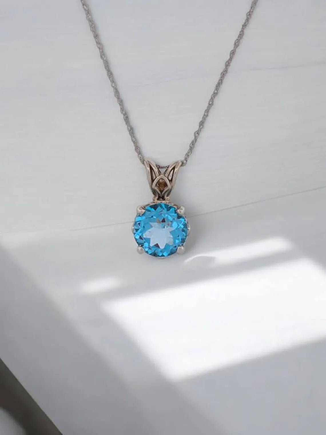 Josephine 14k White Gold Necklace| 2.75 CTW Blue Swiss Topaz| Delicate Topaz Necklace| Moissanite Halo Pendant