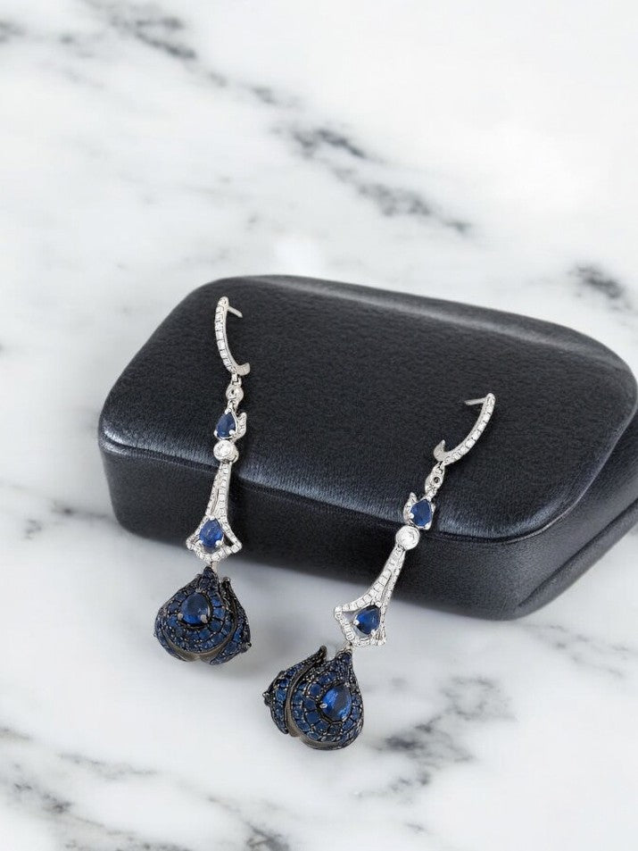 Lydia | 18k White Gold Sapphires Dangle Earrings| .73 ctw Diamond Blue Sapphire Earrings| Natural Sapphire 1.5