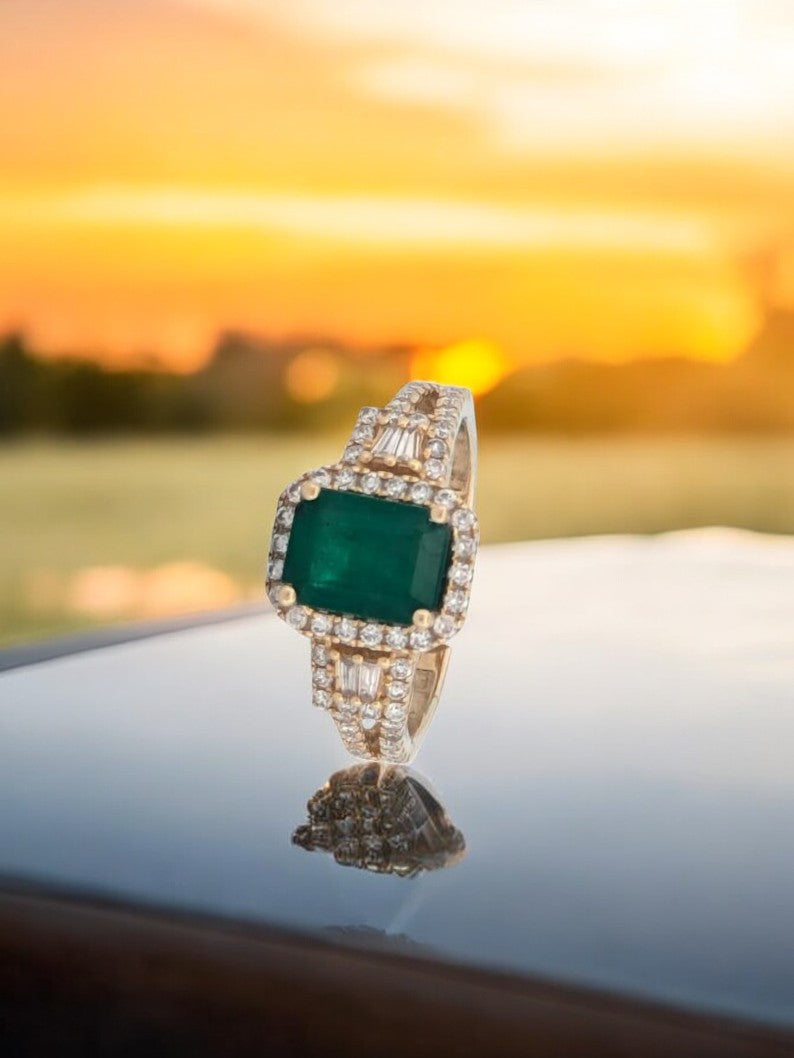 Autumn | Exquisite 1.69 Carat Emerald & .58 Carat Diamond Ring in 14K Yellow Gold