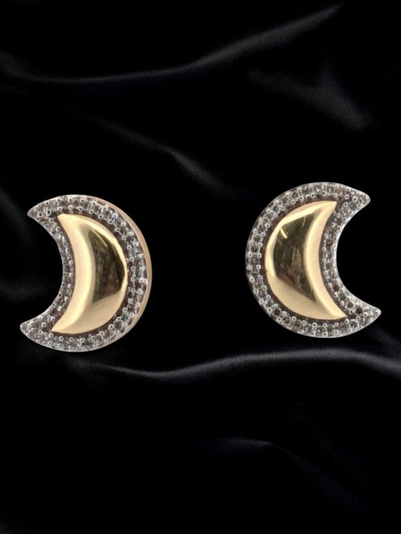 Gabriela | Moon Stud Earrings| Gold & Dimond Crescent Moons Bordered Earrings| Moon Earrings