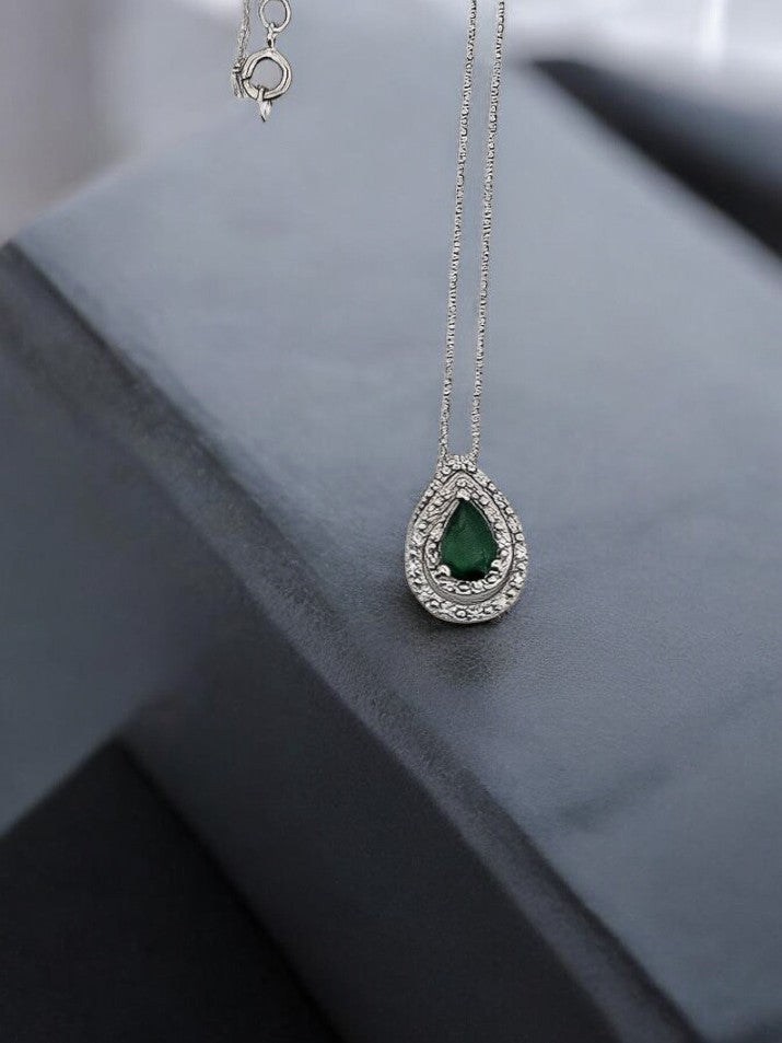 Eliza 10K White Gold Emerald Necklace | .57 CTW Emerald with .005 CTW Diamonds Surrounding | Perfect Gift for Mother's Day - G-F- Wife