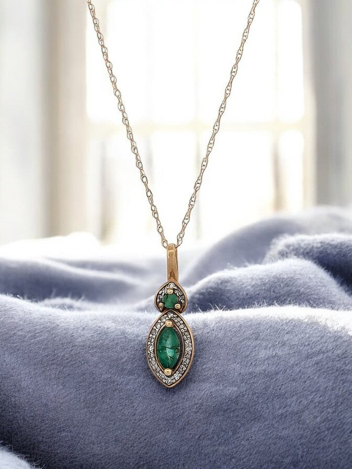 Elsie 10K Yellow Gold Necklace | Emerald and Diamond 14k Yellow Gold Pendant|  Pear Shape Emerald