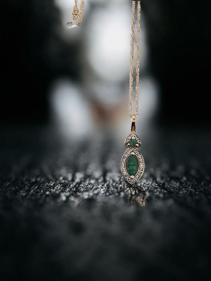 Elsie 10K Yellow Gold Necklace | Emerald and Diamond 14k Yellow Gold Pendant|  Pear Shape Emerald