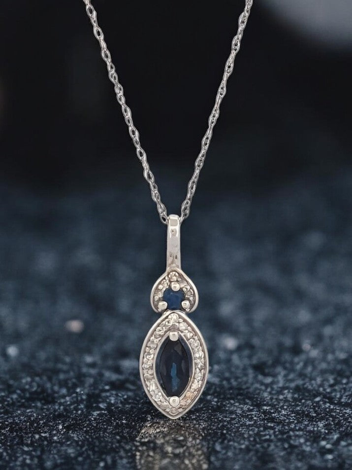 Hattie Natural Blue Sapphire Pendant| .10 Ctw Natural White diamonds Necklace| Oval Cut Sapphire| 14K White Gold Pendant 18" Chain