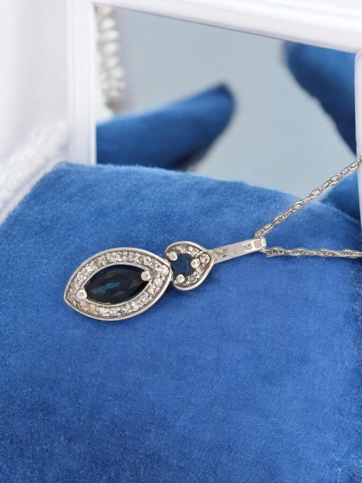 Hattie Natural Blue Sapphire Pendant| .10 Ctw Natural White diamonds Necklace| Oval Cut Sapphire| 14K White Gold Pendant 18" Chain