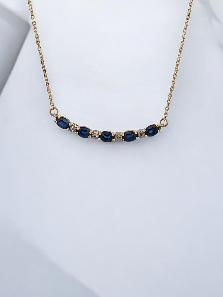 Hazel Natural Sapphire Curved Bar Pendant| White Diamonds Necklace| Delicate Sapphire Necklace| 10k Yellow Gold and 18" Chain