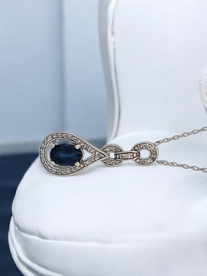 Henrietta Natural Blue Sapphire Pendant| .06 ctw Natural White Diamonds Necklace| Oval Cut Sapphire| 14K White Gold Pendant