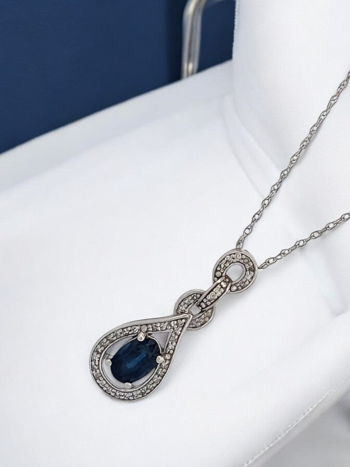 Henrietta Natural Blue Sapphire Pendant| .06 ctw Natural White Diamonds Necklace| Oval Cut Sapphire| 14K White Gold Pendant