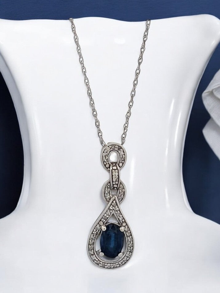 Henrietta Natural Blue Sapphire Pendant| .06 ctw Natural White Diamonds Necklace| Oval Cut Sapphire| 14K White Gold Pendant