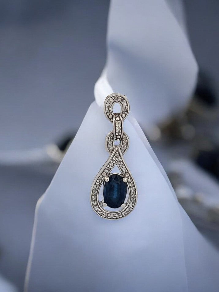 Henrietta Natural Blue Sapphire Pendant| .06 ctw Natural White Diamonds Necklace| Oval Cut Sapphire| 14K White Gold Pendant