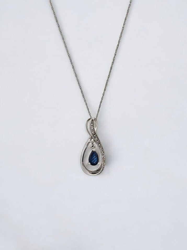 Ida 14k White Gold Natural Sapphire Necklace| 1/2 Ctw White Diamonds Pendent| Blue Cut Sapphire Necklace 18" chain.