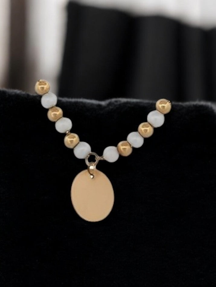 Ivy | 14k Solid Gold Pearl with Engravable Disc Pendant| White & Gold Pearl Necklace| Engraved Tiny Disc Pearl Charm