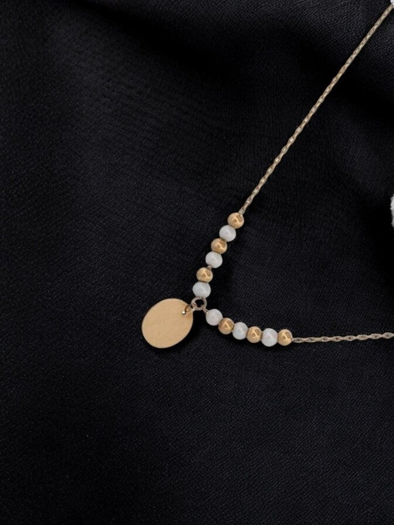 Ivy | 14k Solid Gold Pearl with Engravable Disc Pendant| White & Gold Pearl Necklace| Engraved Tiny Disc Pearl Charm