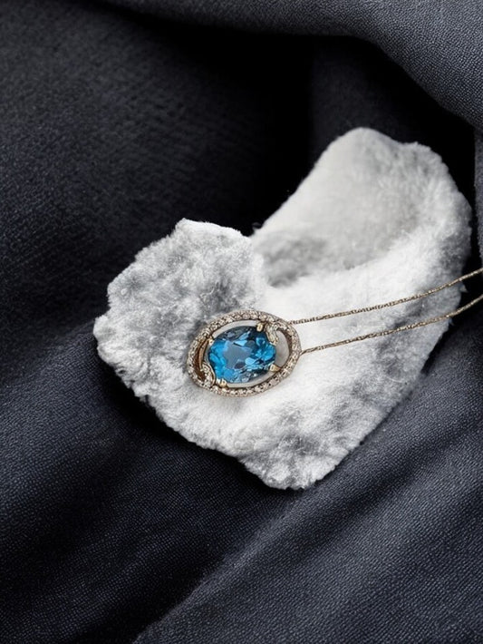 Jean | 10k Yellow Gold Swiss Blue Topaz & Diamond Necklace | 1 Carat Topaz Pendant | 18" Gold Chain