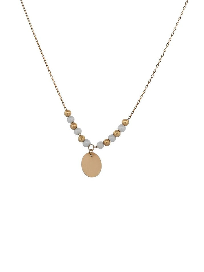 Ivy | 14k Solid Gold Pearl with Engravable Disc Pendant| White & Gold Pearl Necklace| Engraved Tiny Disc Pearl Charm